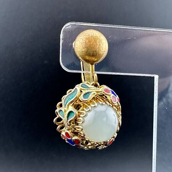 Vintage Clip-on Earrings Vermeil Gold Over Silver Cloisonne White Nephrite Jade - Picture 8 of 12